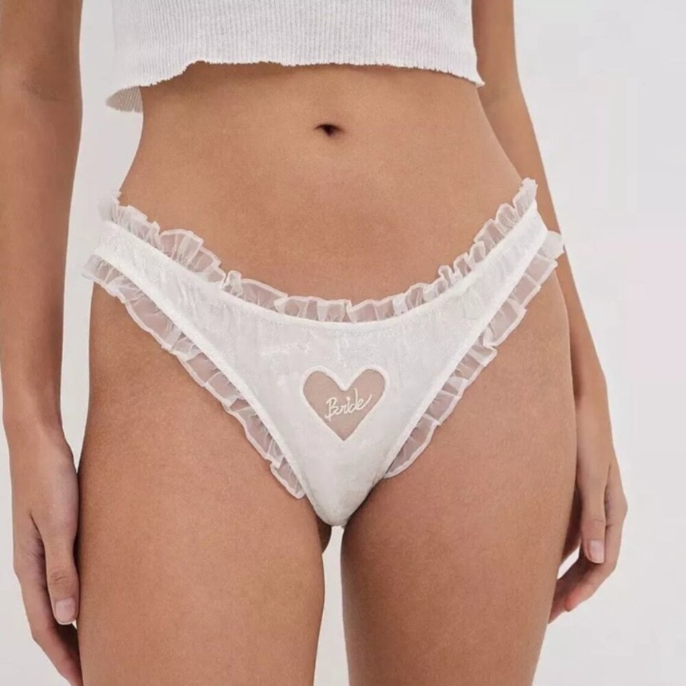 For Love & Lemons White 'Bride' Heart Ruffle Bikini Panty